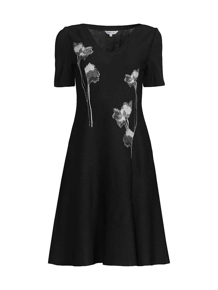 Women's Floral-Embroidered Knee-Length Dress - Black White - Size Large