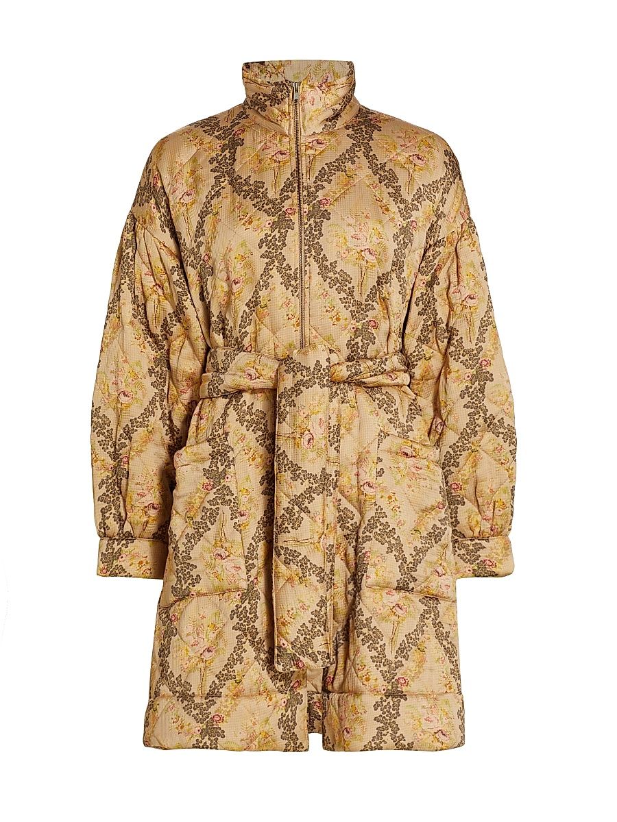 Women's Quilted Satin Belted Coat - Antique - Size Medium