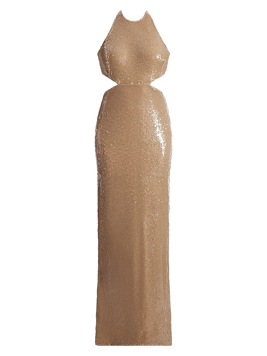 Women's Sequined Cut-Out Halter Gown - Almond - Size 14