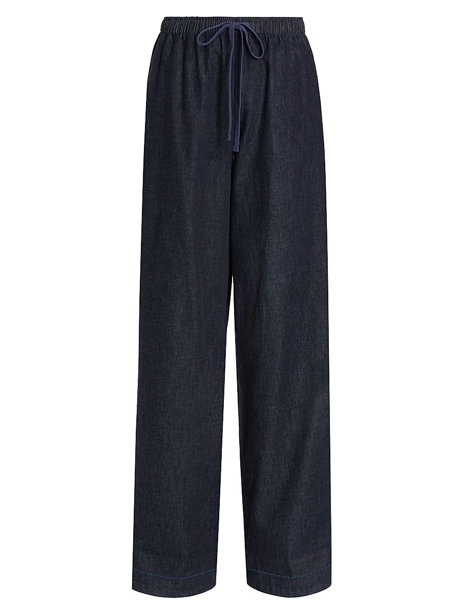 Women's Cotton Drawstring Wide-Leg Pants - Washed Indigo - Size XS