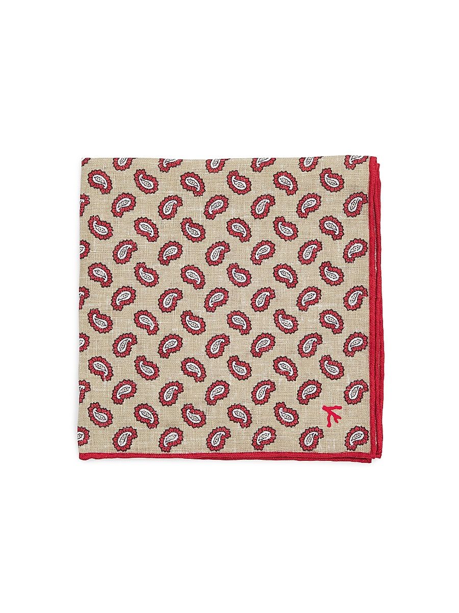Men's Foulard Paisley Silk Pocket Sqaure - Light Beige Red