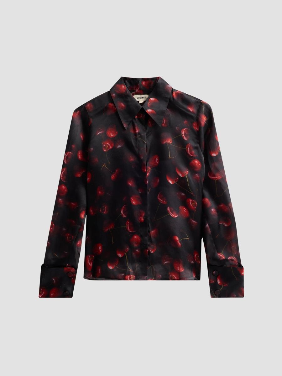 L'AGENCE Women's Sona Cherry Silk Blouse - Burgandy Black Cherry - Size XL