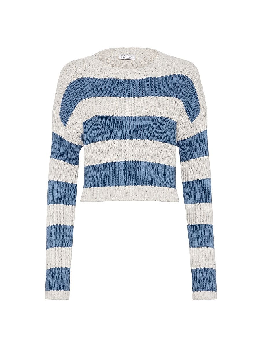 Brunello Cucinelli Women's Striped Dazzling Cropped Sweater - Light Denim - Size XXL