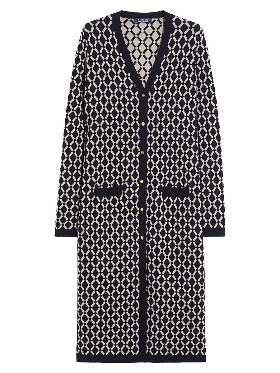 Women's Long Jacquard Wool Cardigan - Ultramarine - Size XL