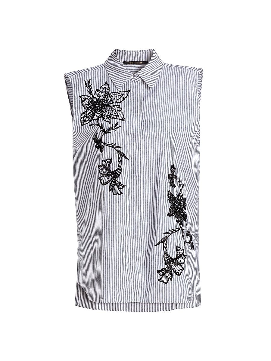 Women's Aerin Striped Cotton-Linen Sleeveless Blouse - Black White - Size Large