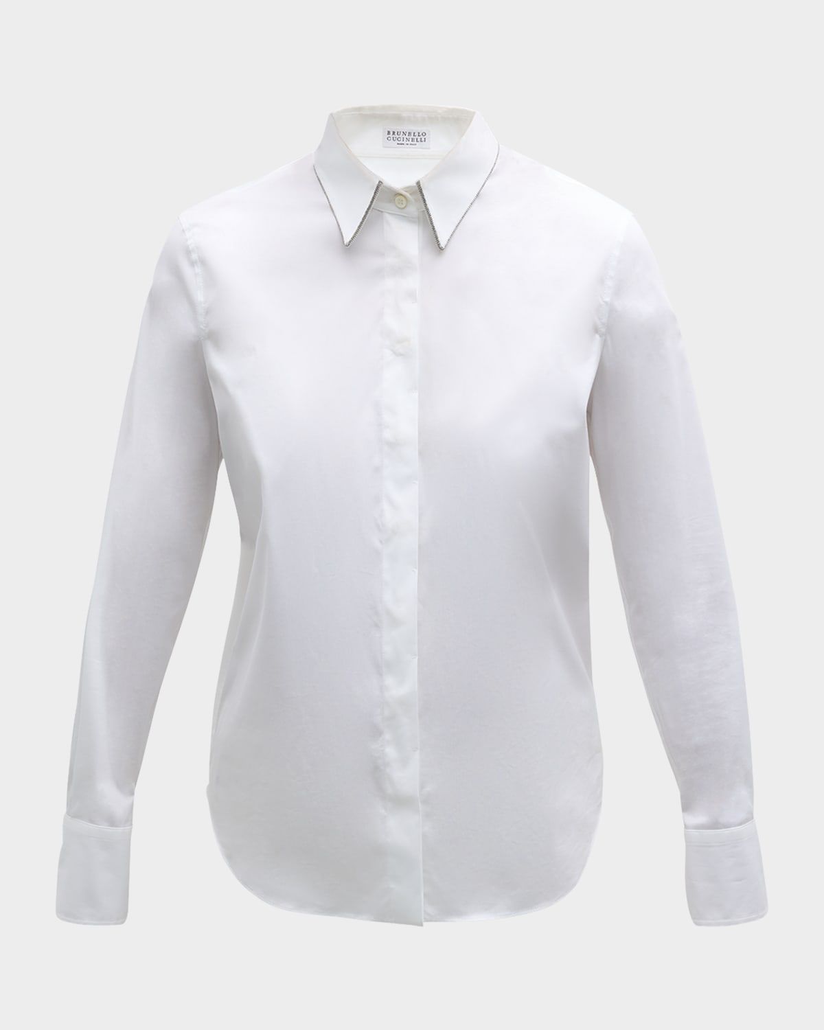Cotton Poplin Button-Front Top with Monili Trim