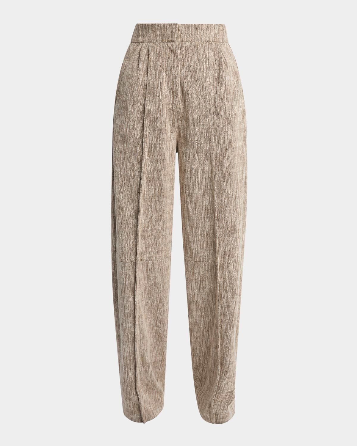 Pleated Cotton Jacquard Tapered-Leg Trousers