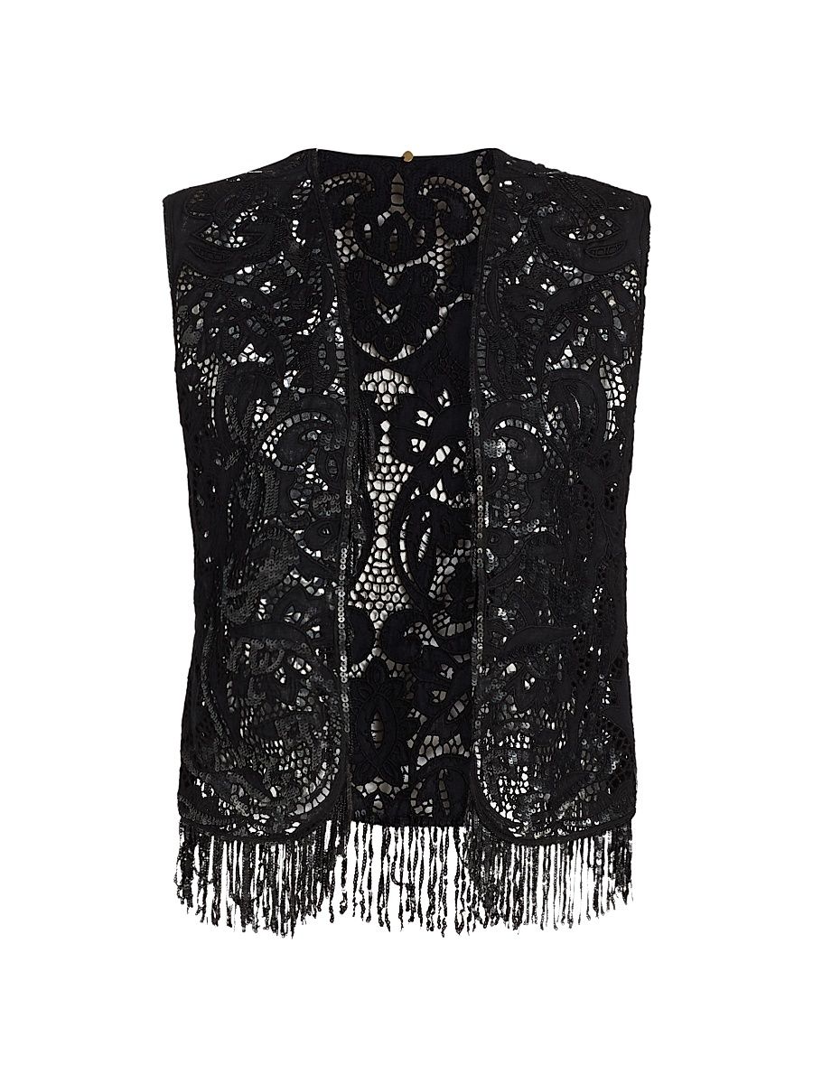 Women's Maeve Sequined Lace Fringe Vest - Black - Size Large