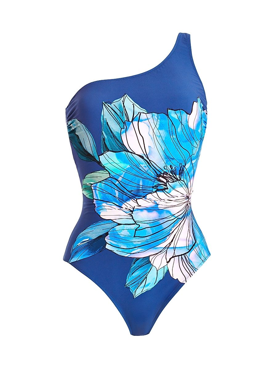 Women's Wild Flower One-Shoulder One-Piece Swimsuit - Blue Multi - Size 16