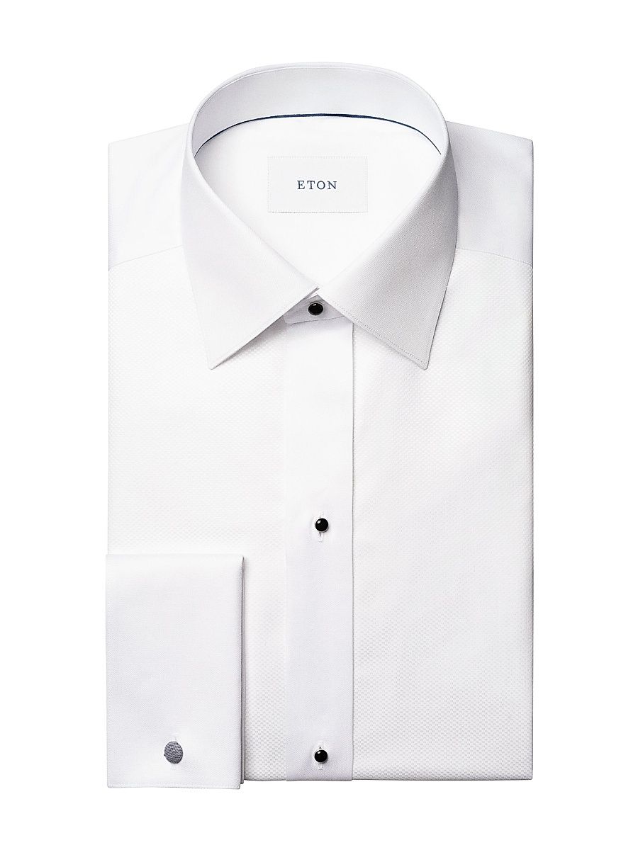 Men's Dobby Stud-Front Slim-Fit Evening Shirt - White - Size 17.5