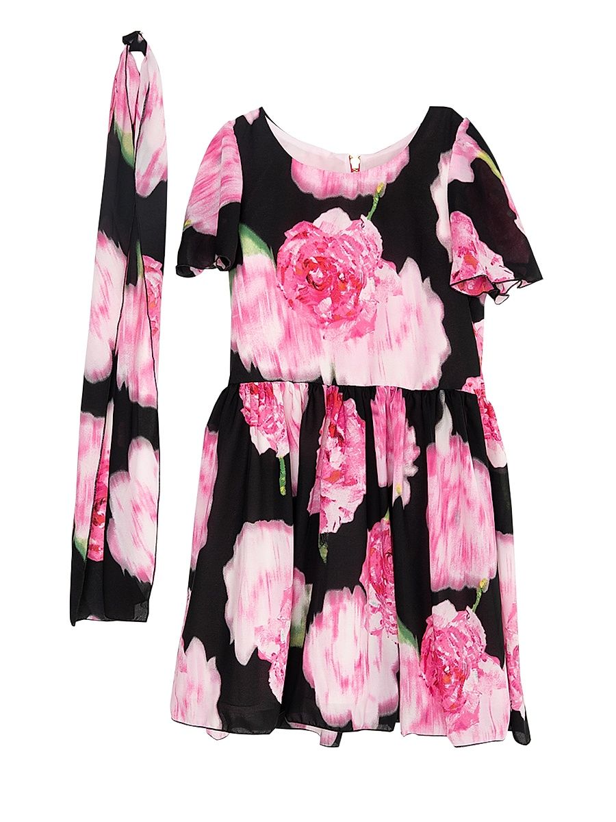Girl's Madeline Floral Neck Tie & Dress - Black - Size 14