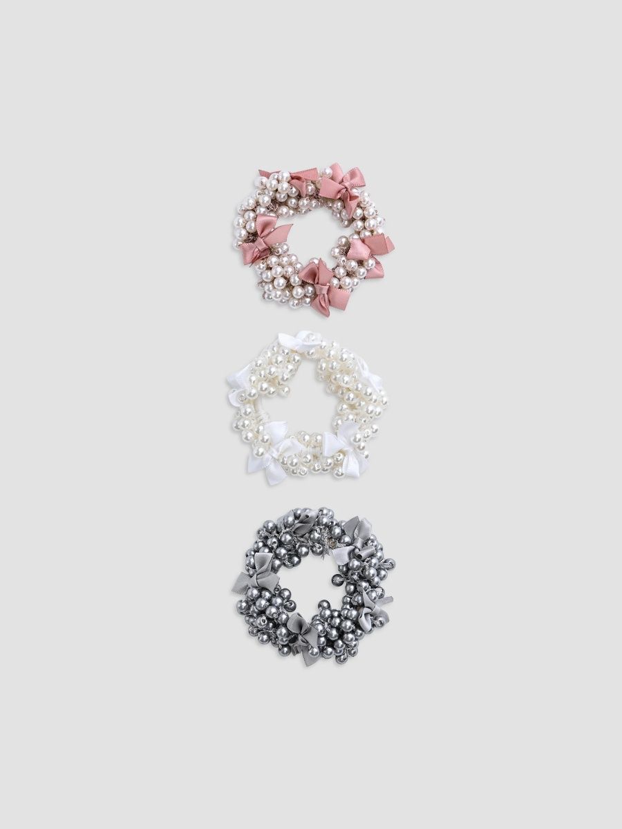 Mimi Tutu Girl's Girl's Beaded Bow Scrunchie Set - Pink White Silver