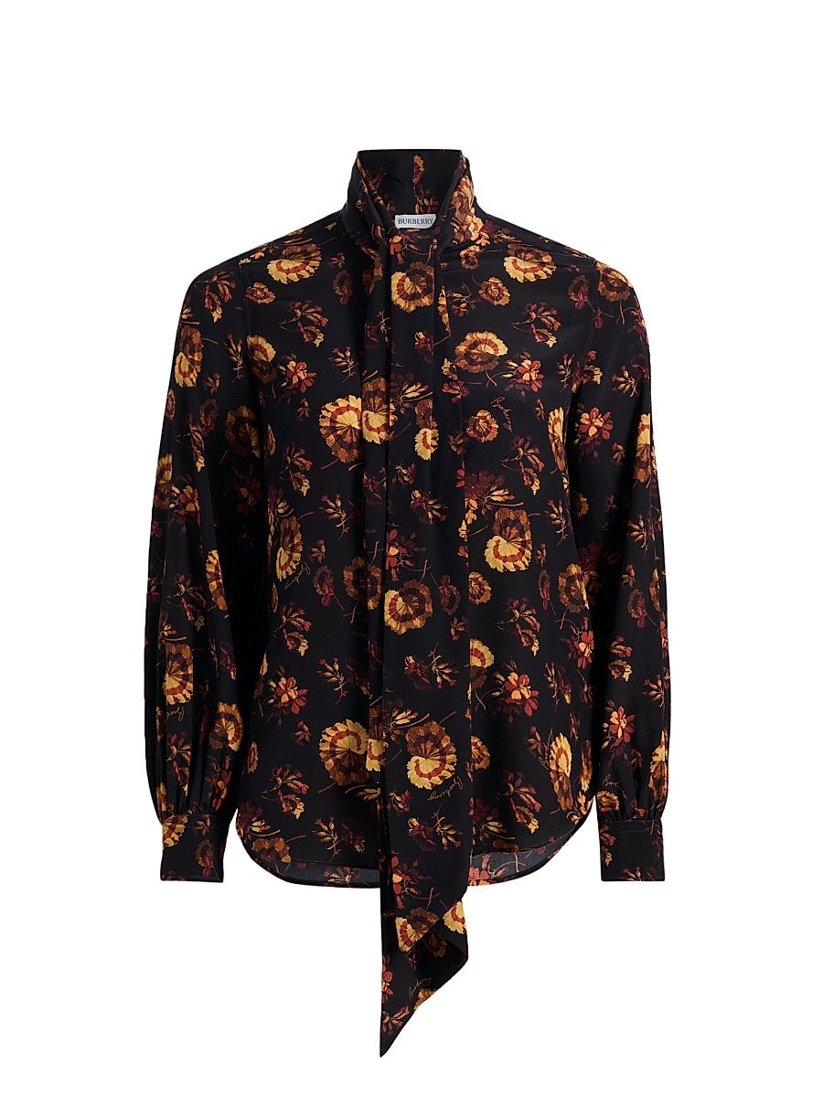 Women's Lina Floral Silk Tie-Neck Blouse - Crimson Red - Size 12