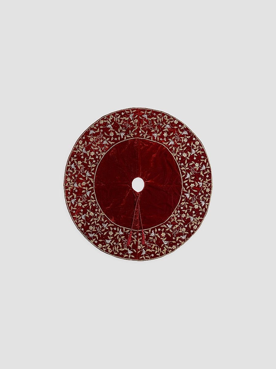 Birds & Noel Embroidered Velvet Tree Skirt - Red