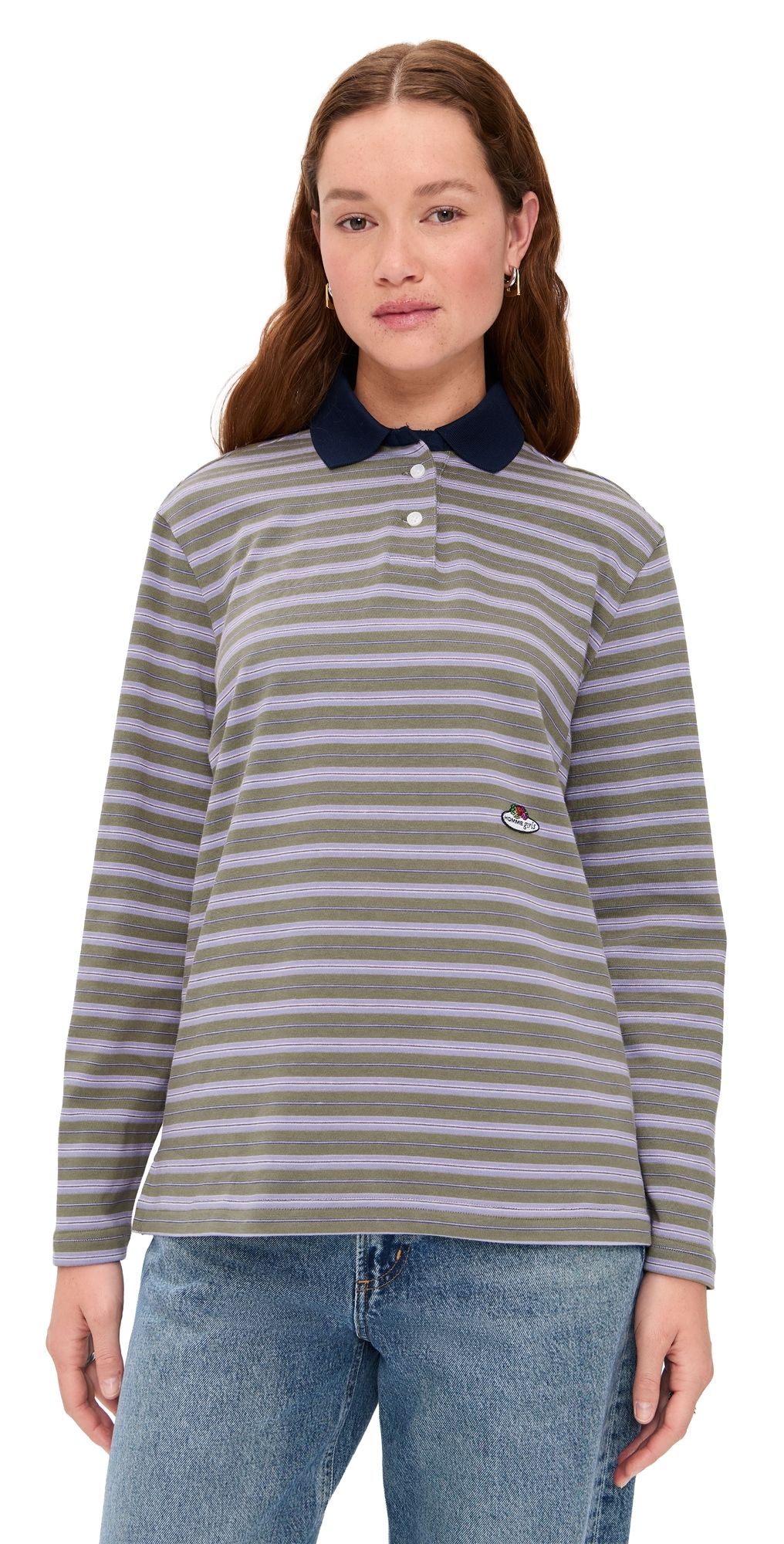 HOMMEGIRLS Homme Girls x Fruit of the Loom Striped Long Sleeve Polo Lavendar Stripe L