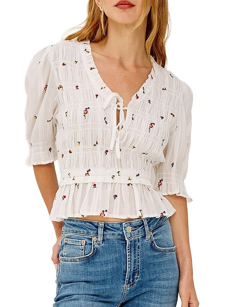 Women's Fontaine Floral-Embroidered Cotton Top - White Wildflowers - Size XS
