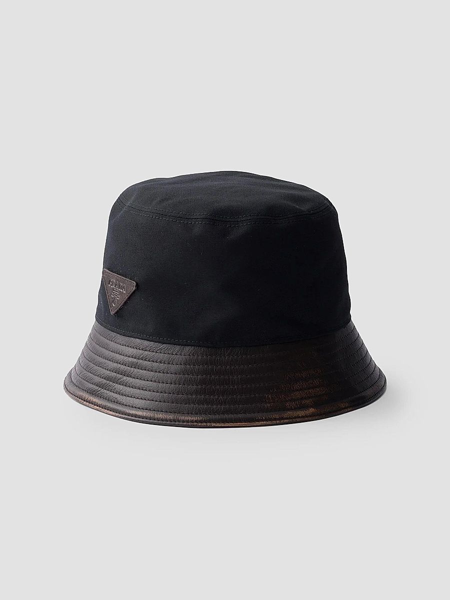 Men's Technical Cotton and Leather Bucket Hat - Black - Size XL