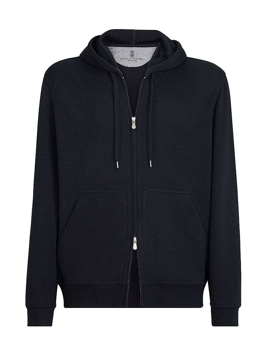 Men's Cashmere and Silk French Terry Hooded Sweatshirt with Zipper - Blue - Size XXS