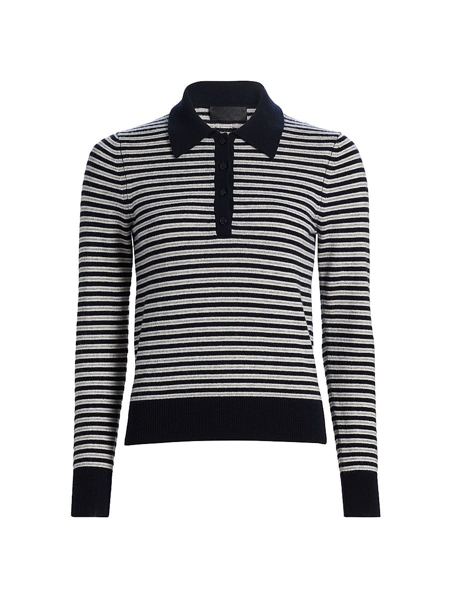 Women's Prescott Stripe Cashmere Polo Sweater - Dark Navy Grey Stripe - Size XL