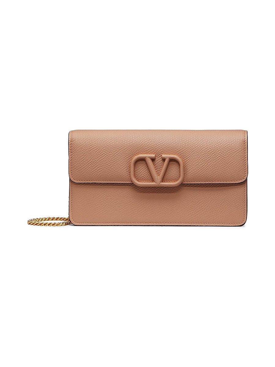 Women's VLogo Signature Grainy Calfskin Wallet with Chain - Rose Cannelle