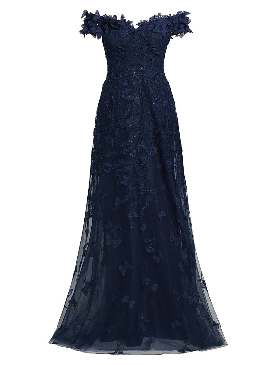 Women's Butterfly Appliqué Lace-Tulle Off-The-Shoulder Gown - Navy - Size 10