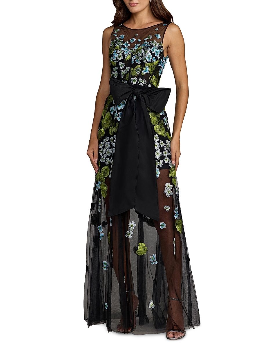 Women's Floral Embroidered Bow Appliqué Mesh Gown - Blue Multi - Size 12