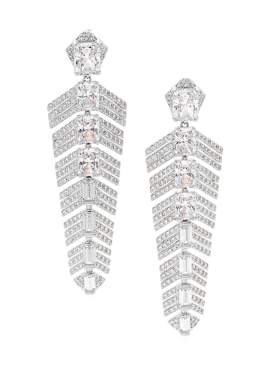 Women's Ear Candy Rhodium-Plated & Cubic Zirconia Feather Drop Earrings - Silver Crystal