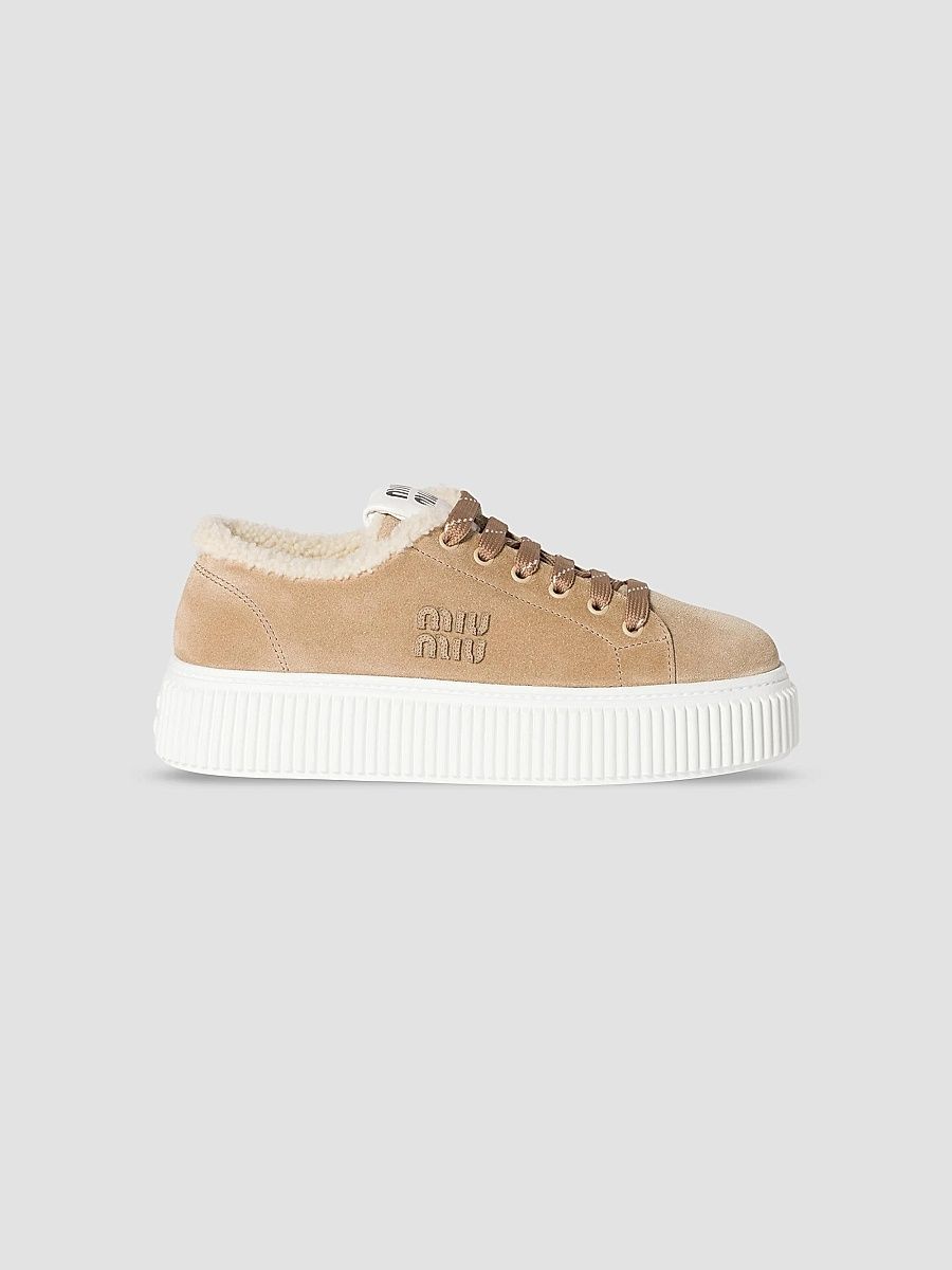 Miu Miu Women's Suede and Shearling Sneakers - Beige Khaki - Size 11