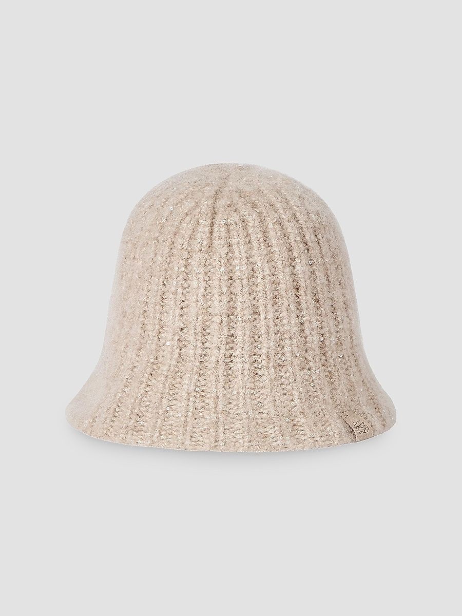 Women's Cashmere Diamond Yarn Rib Knit Bucket Hat - Ecru - Size Large
