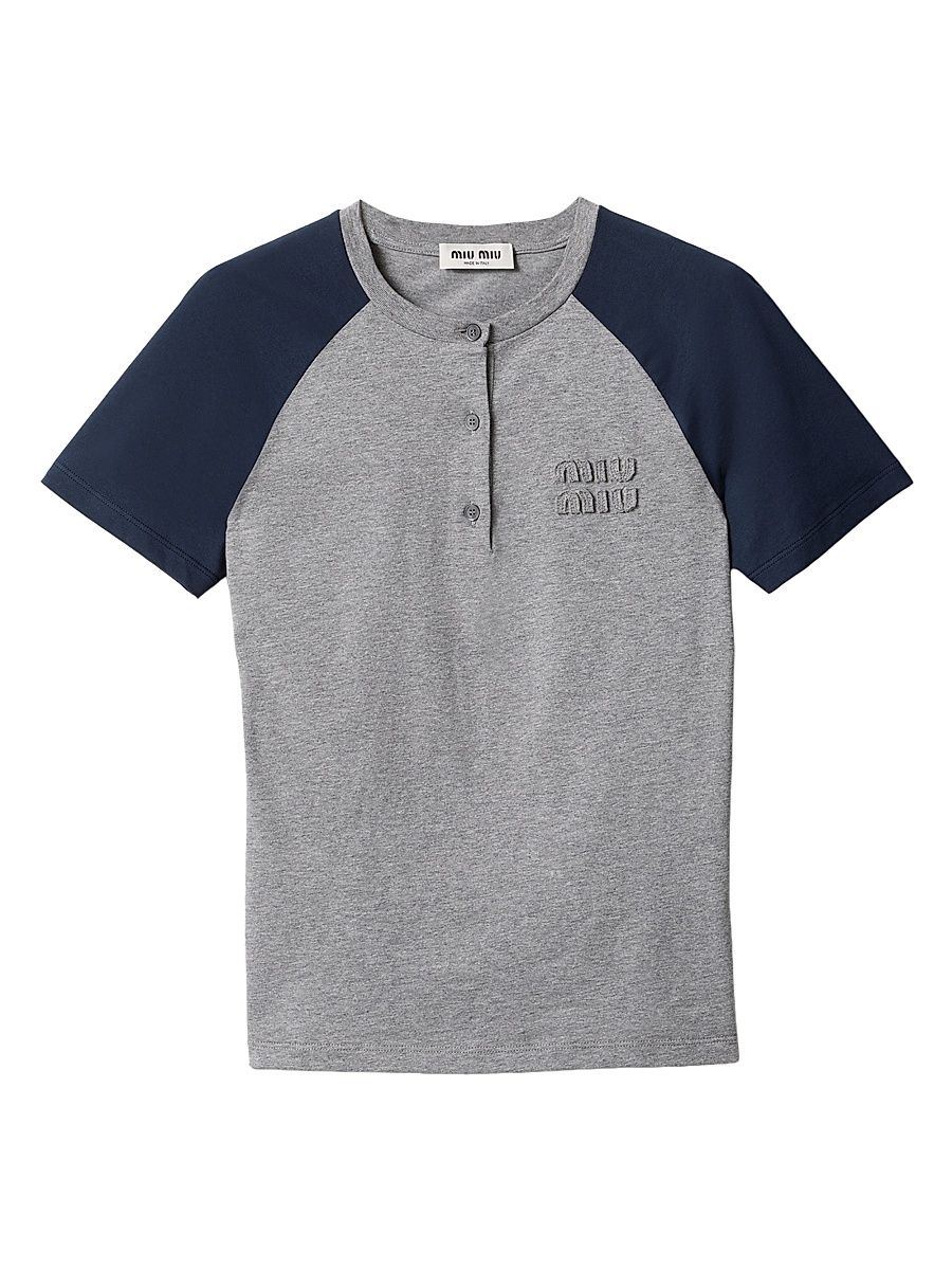 Women's Cotton Jersey Henley Shirt - Grey Multi - Size XS