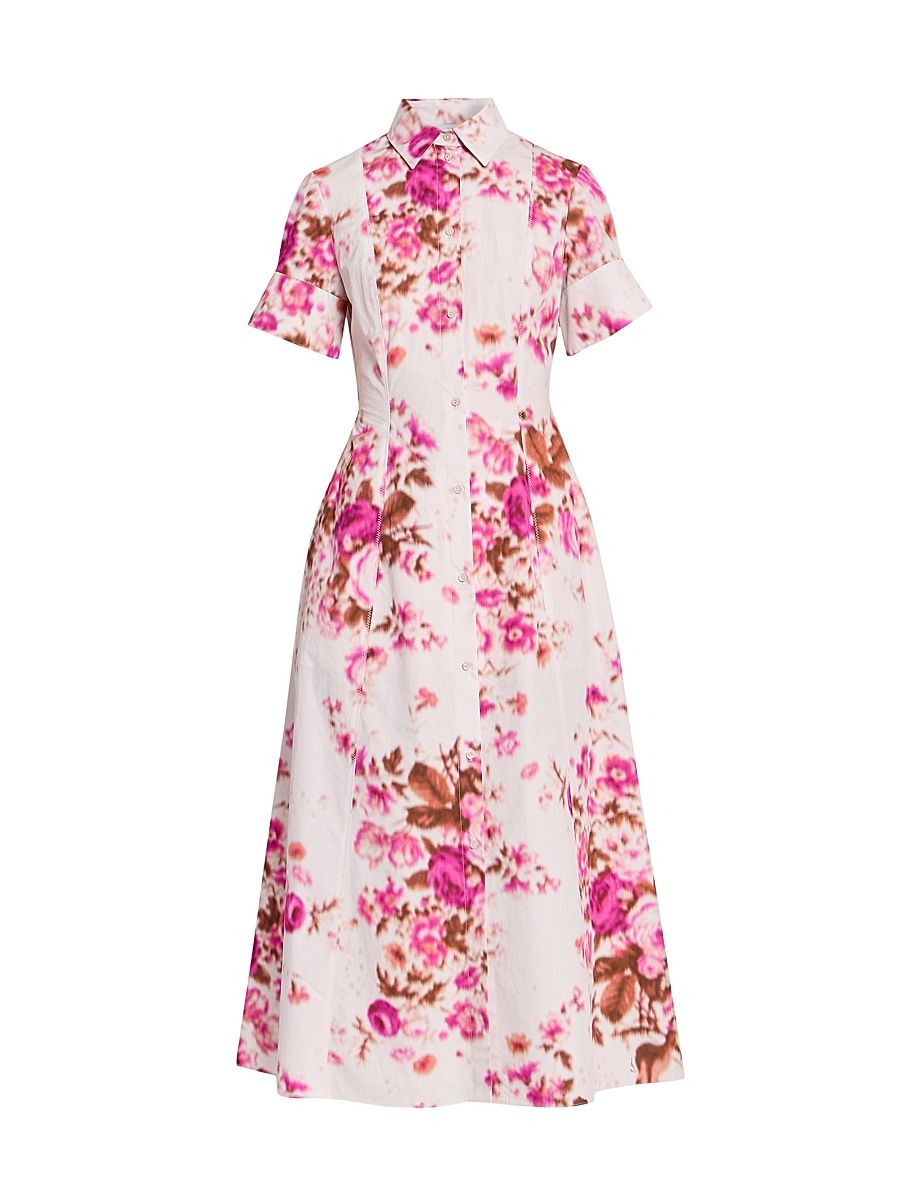 Women's Floral Cotton Shirtdress - Rose Bouquet Hot Pink - Size 12