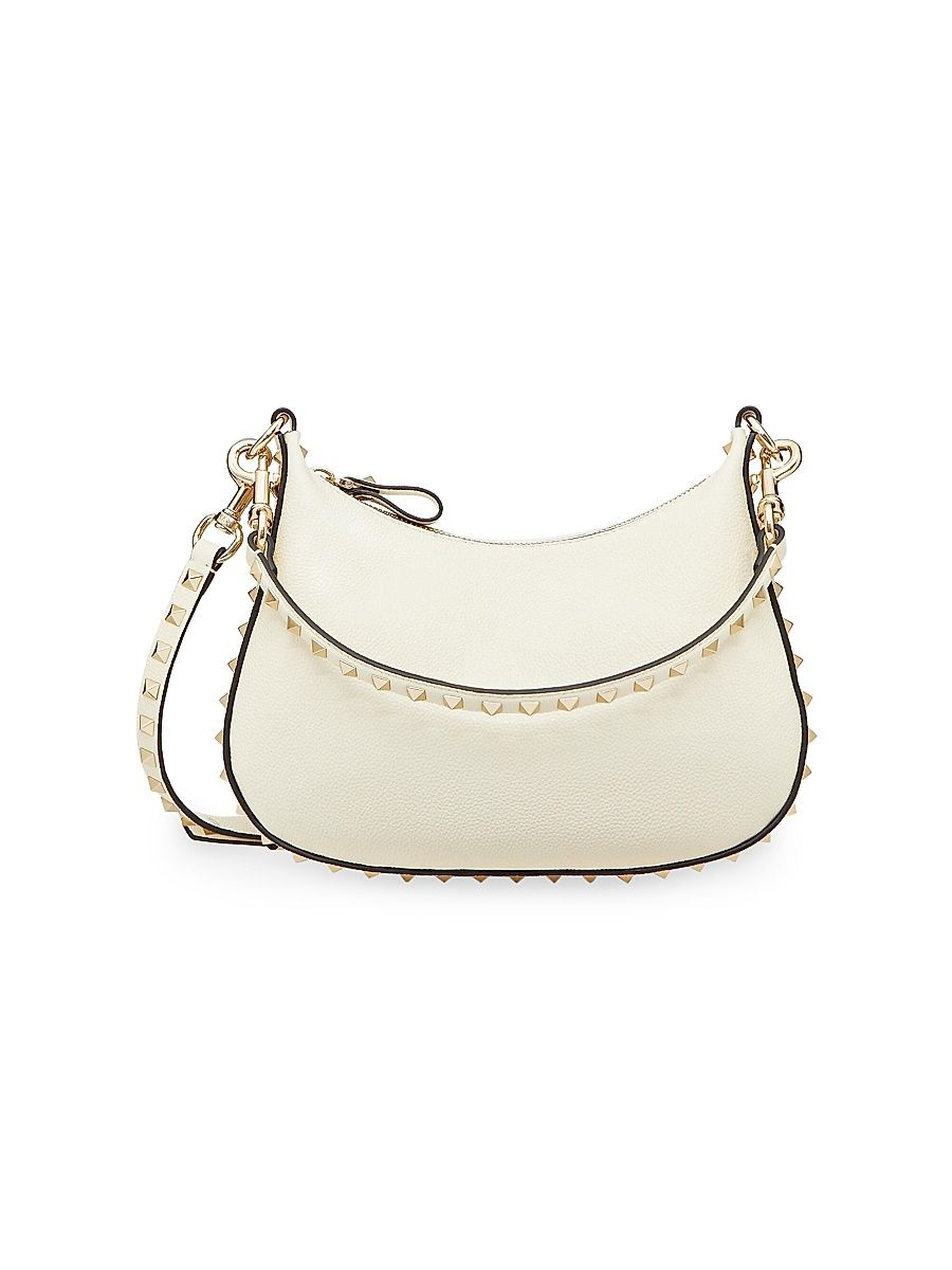Women's Small Rockstud Hobo Bag In Grainy Calfskin - Ivory