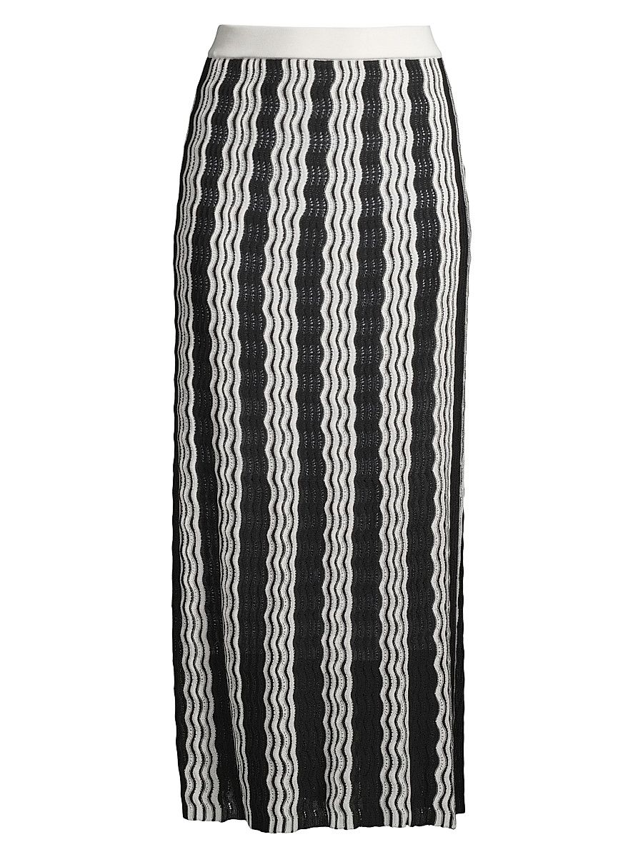 Women's Pointelle Intarsia Knit Midi-Skirt - Black White - Size Large