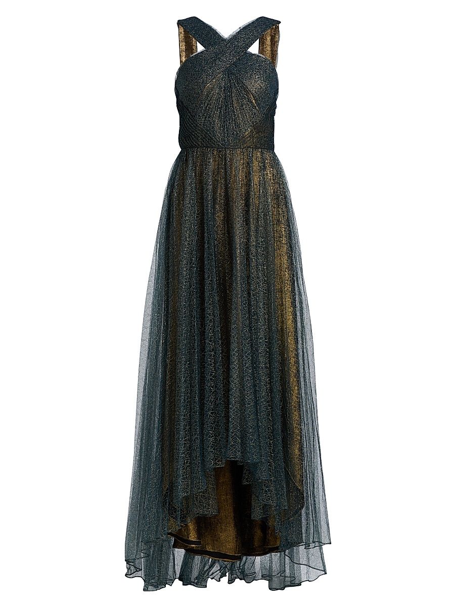 Women's Linda Sunburst Pleated Lace High-Low Gown - Poseidon Gold - Size 16