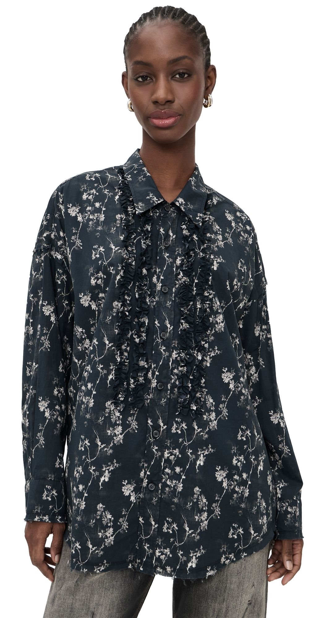R13 Shredded Seam Ruffle Shirt Floral On Black XS