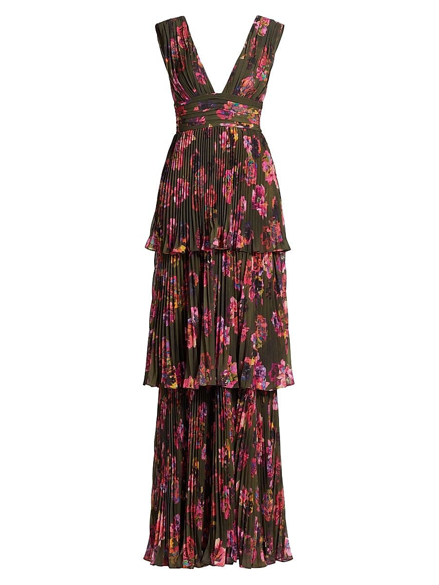 Women's Fluer Floral Pleated Sleeveless Gown - Earthy Garden - Size 10
