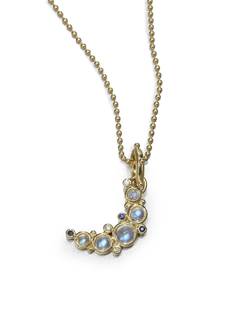 Women's Royal Blue Moonstone, Diamond, Sapphire & 18K Yellow Gold Small Crescent Moon Pendant - Gold