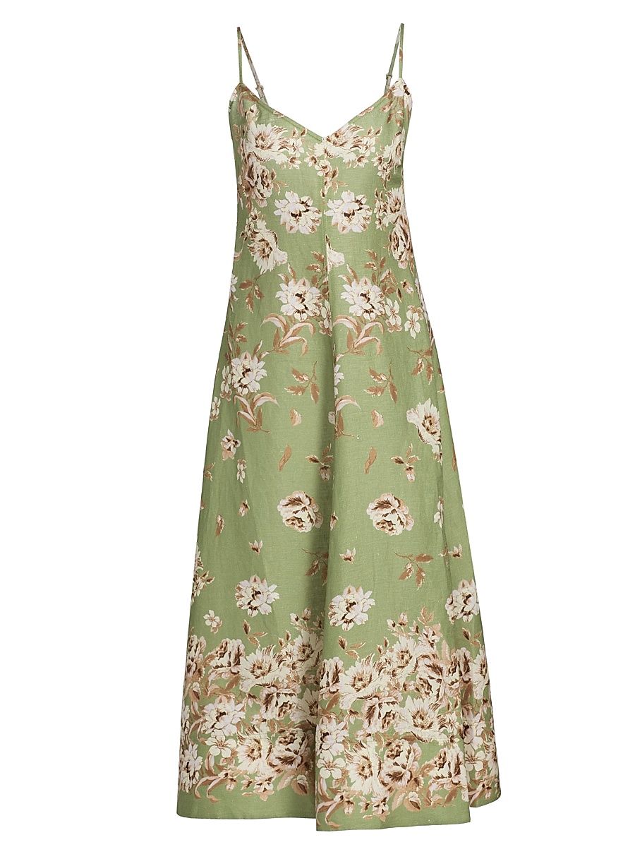 Women's Mae Floral Linen Fit & Flare Midi-Dress - Farfella Sage - Size 14