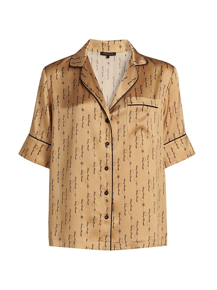 Women's Script-Printed Silk Lounge Top - Sable Black - Size Large