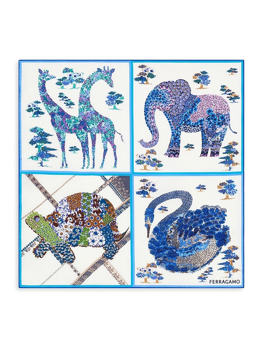 Women's Patchwork Silk Scarf - Ivory Blue