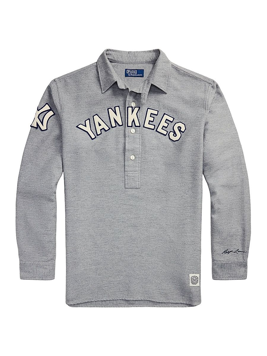 Men's Yankees Polo Long-Sleeve Top - Grey Heather - Size Small