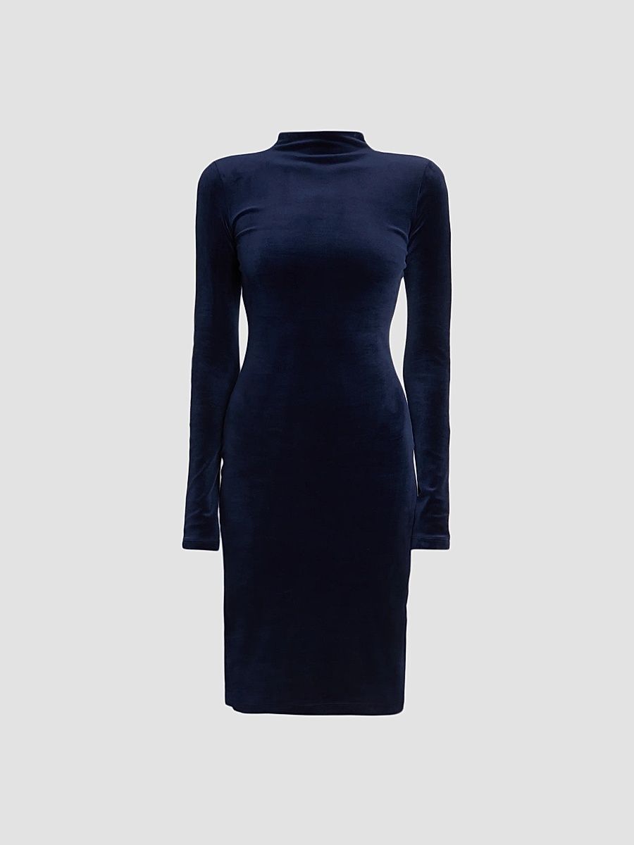 Women's Jersey Mock Turtleneck Knee-Length Dress - Blue Black - Size XS