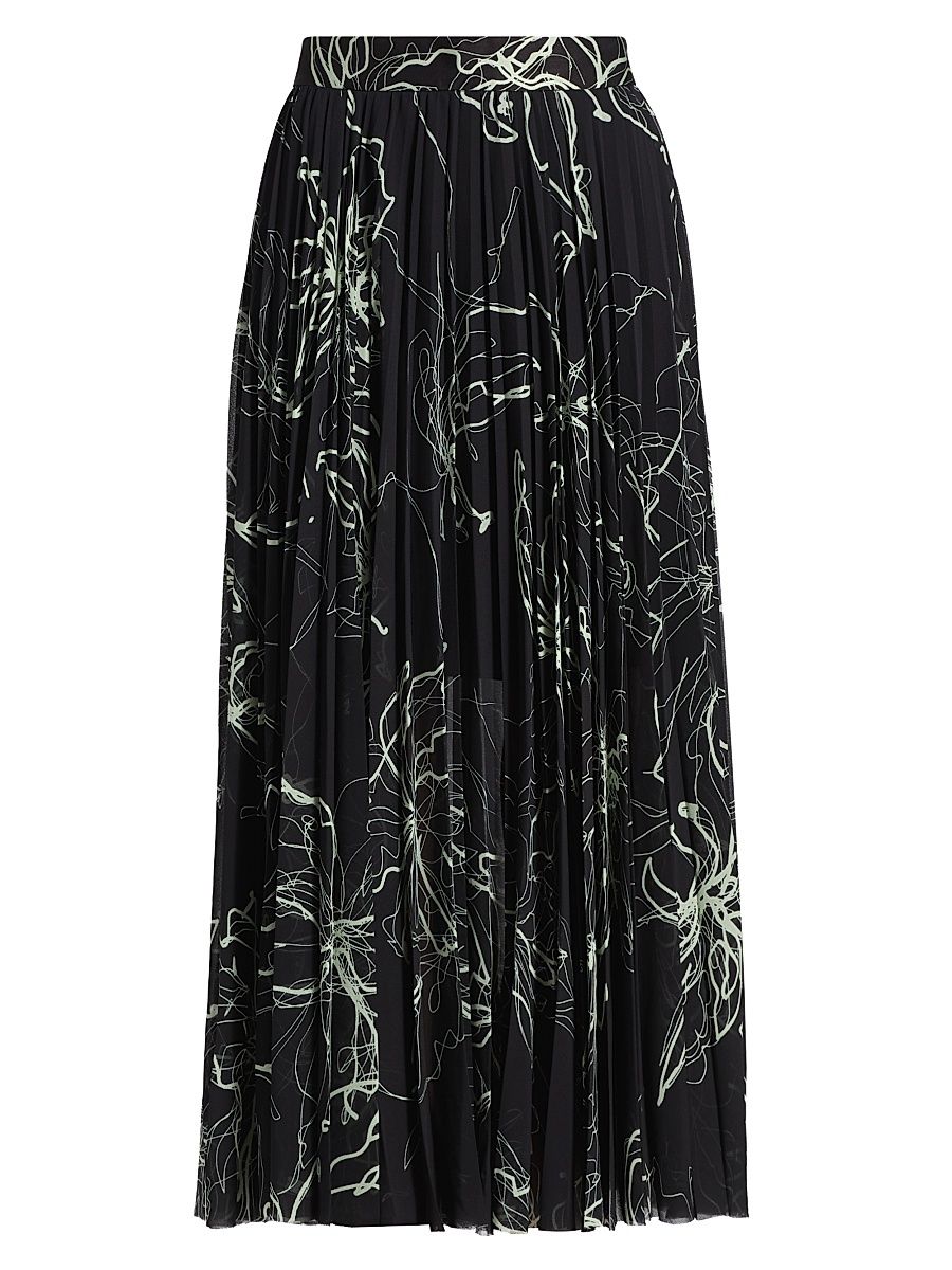 Women's Scribble Floral Pleated Midi-Skirt - Black Limoncello Multi - Size 14