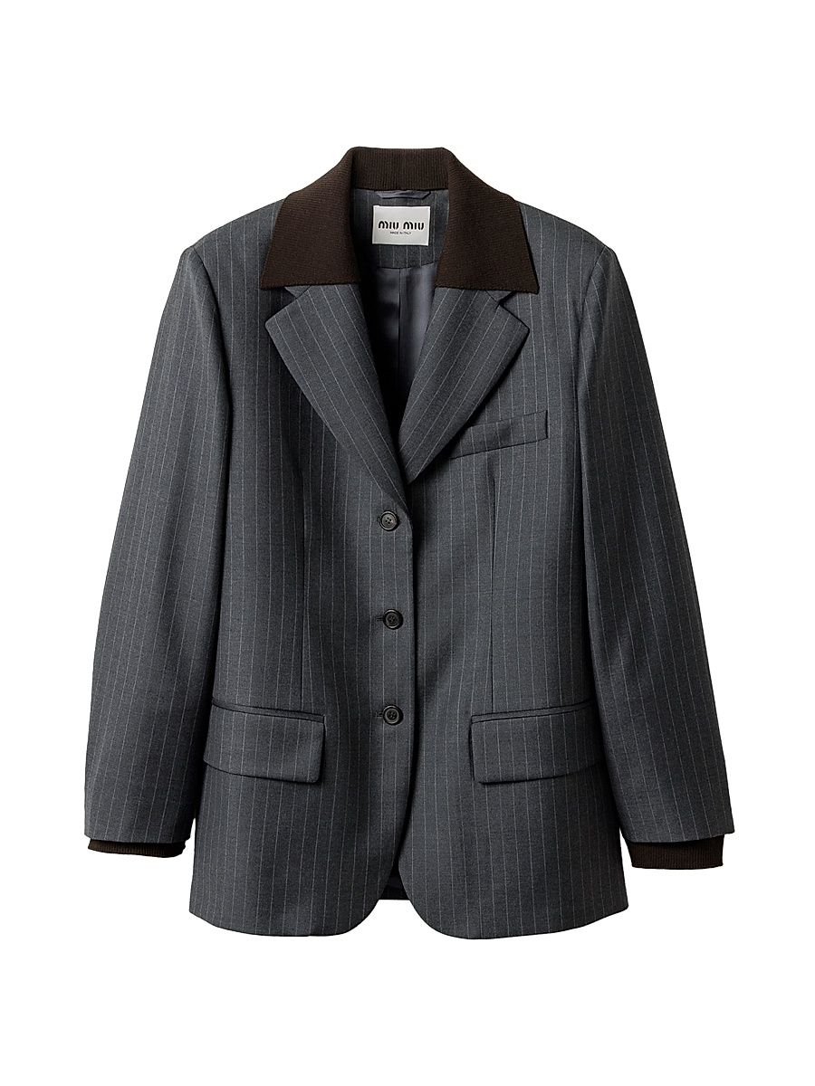 Women's Single-Breasted Pinstripe Jacket - Grey - Size 6