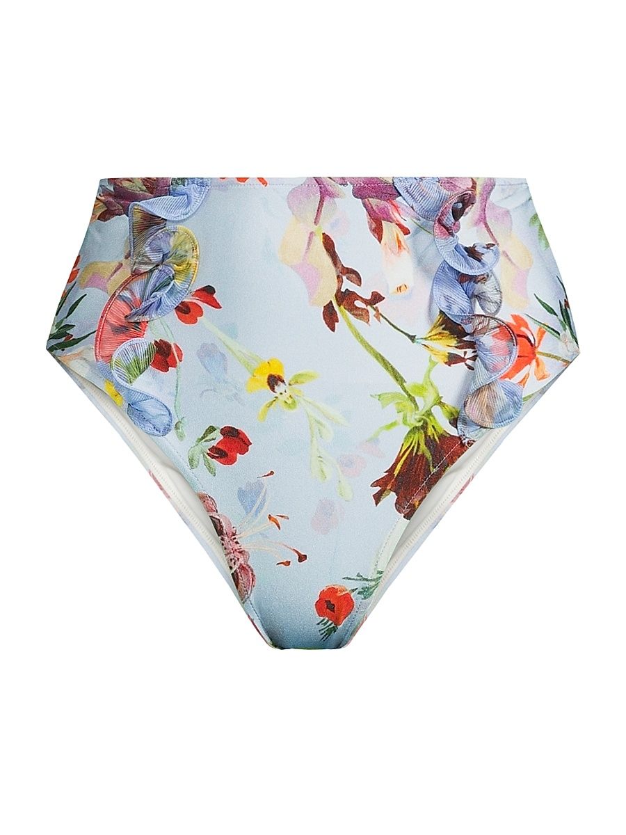 Women's Lily Flower High-Waisted Bikini Bottom - Blue - Size XL