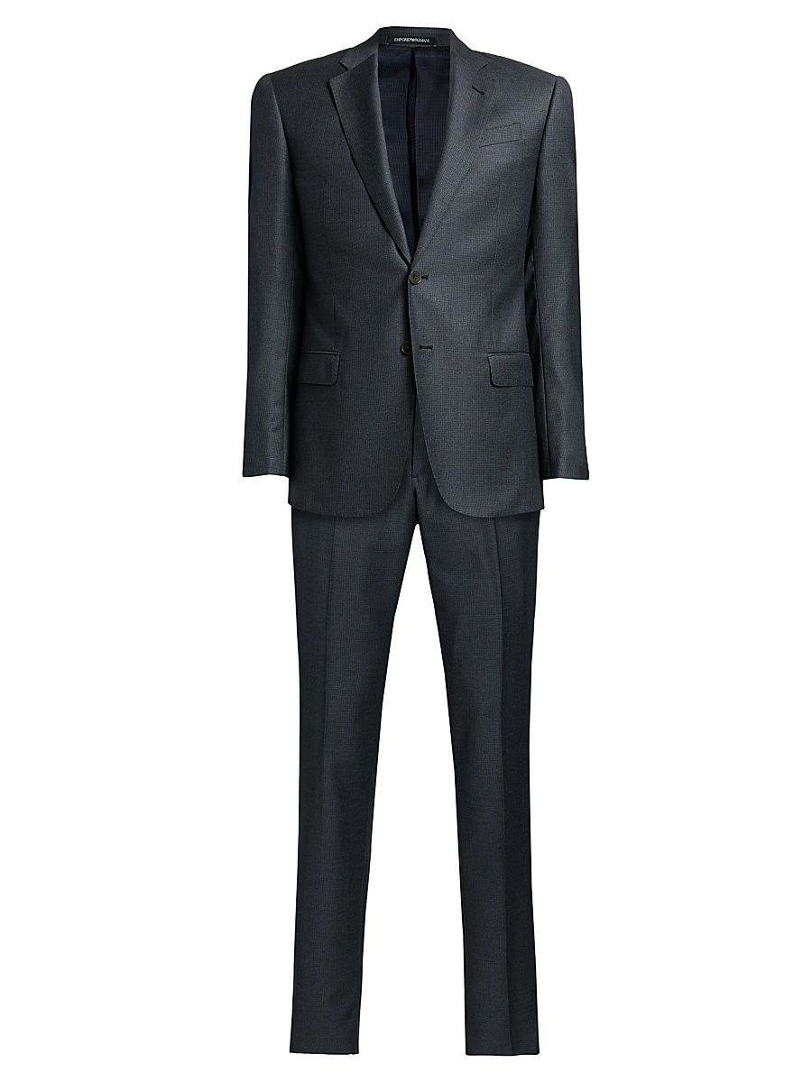 Men's Micro Check Wool Single-Breasted Suit - Grey Blue - Size 44