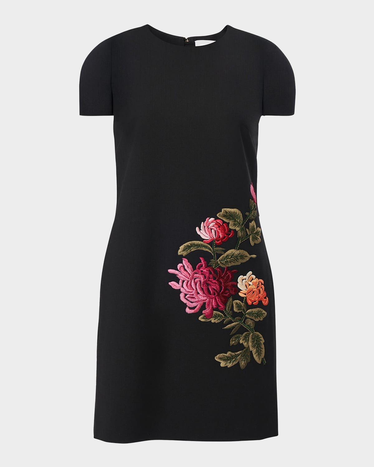 Floral Embroidered Wool Mini Shift Dress