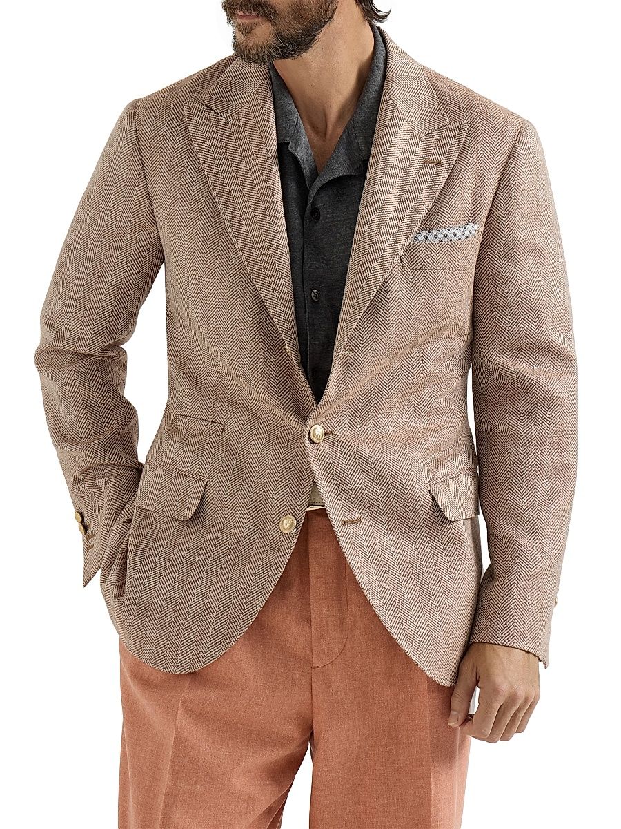 Men's Virgin Wool, Silk and Linen Chevron Deconstructed Blazer - Apricot - Size 48