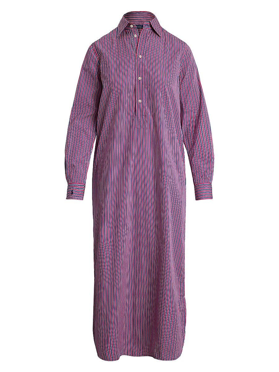 Women's Striped Cotton Maxi Shirtdress - Pink Blue Multi Stripe - Size 4