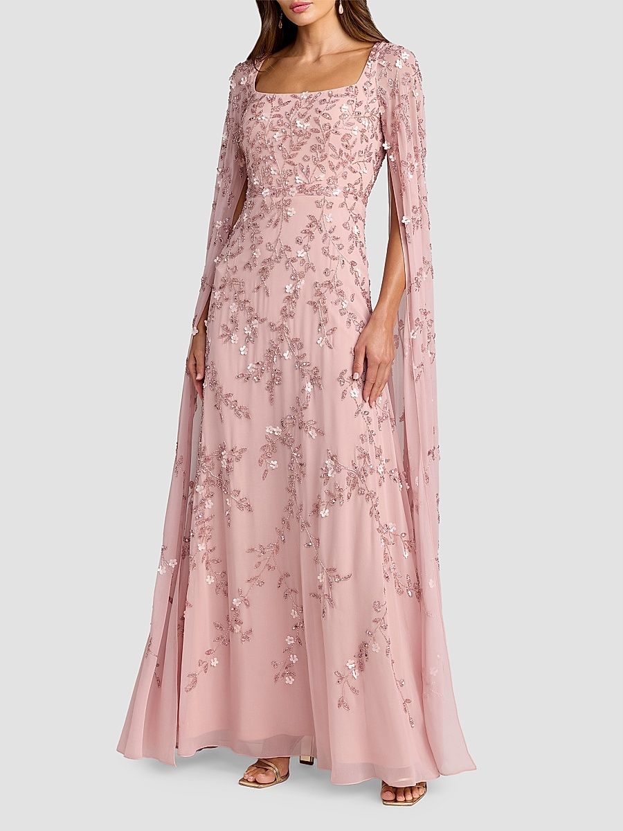 Women's Petite Beaded Cape-Sleeve Gown - Rose - Size Petite 12